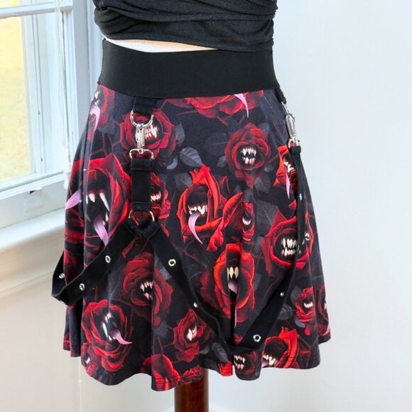SOLD Killstar Red Rose Horror Monster Black Skater Skirt Large Stretch Goth Punk - Picture 2 of 8